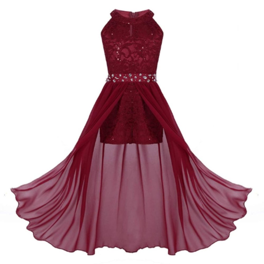 Girl's Halter-Neck Floral Lace Romper Dress-Sz 10